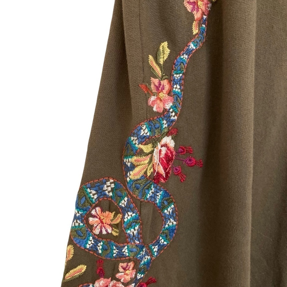 JOHNNY WAS Malui Floral Embroidered French Terry Sweatshirt Tunic Dress Brown - Picture 8 of 10